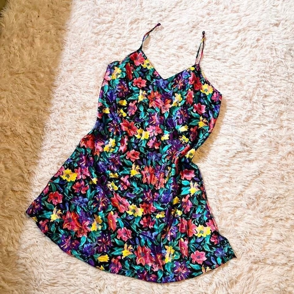 Vintage 80s Bold Floral Satin Delicate‎ Fairycore Slip Dress Womens L Bloomcore